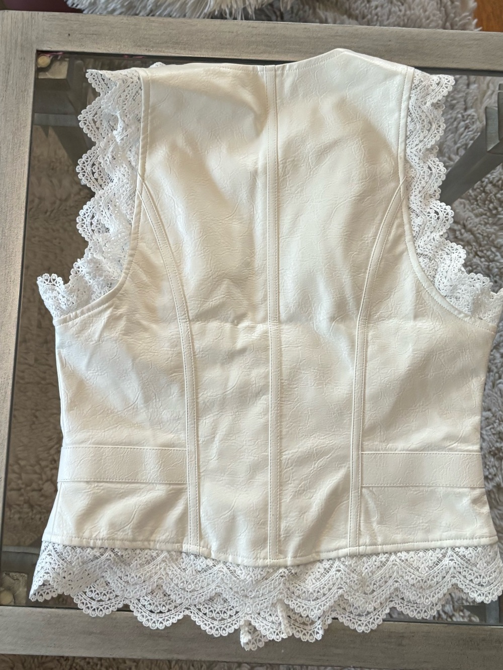 White Lace-Trimmed Faux Leather Corset Top - Picture 3 of 5